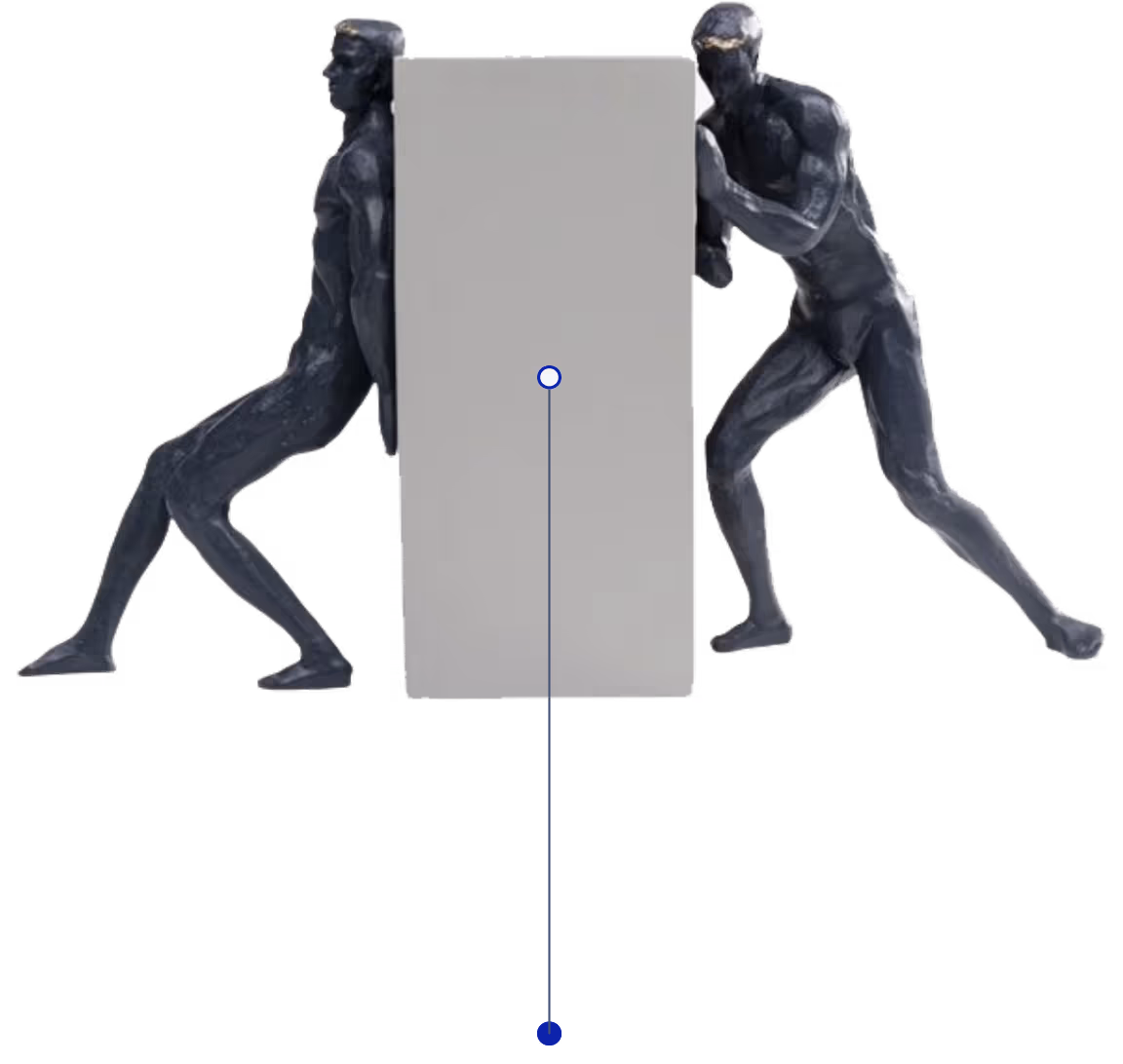 A big stone cube with a person on each side of it. The stone is being pushed by them against each other, therefore it doesn't move.